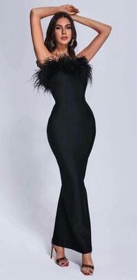 Vestido Palabra de Honor Bandage Plumas Negro para Mujer
