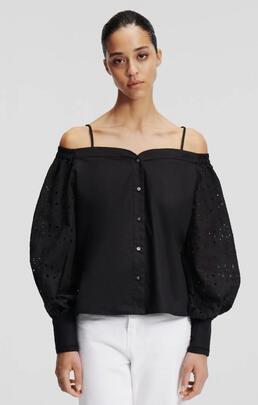 Camisa De Hombros Descubiertos Bordado Negro para Mujer