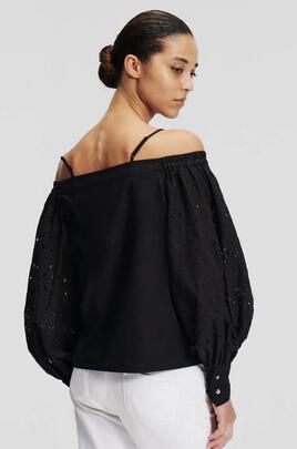 Camisa De Hombros Descubiertos Bordado Negro para Mujer