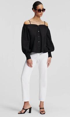 Camisa De Hombros Descubiertos Bordado Negro para Mujer