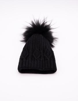 Gorro Pompóm Piel Negro Punto para Mujer