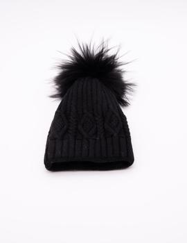 Gorro Pompóm Piel Negro Punto para Mujer