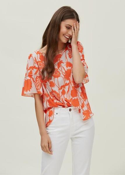 Desmañado Nuevo significado Tomate Blusa Oky Floral Manga Volante para Mujer