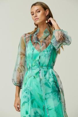 Vestido Oky Largo Volante Manga Organza Verde para Mujer