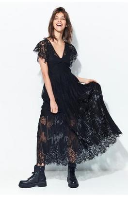 Vestido Largo Highly Encaje Líneas Y Ramas Negro para Mujer