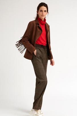 Pantalón Oky Ancho Punto Roma Cuadro Galés Marrón para Mujer