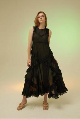 Vestido Largo Isabelle Blanche Volantes Negro para Mujer